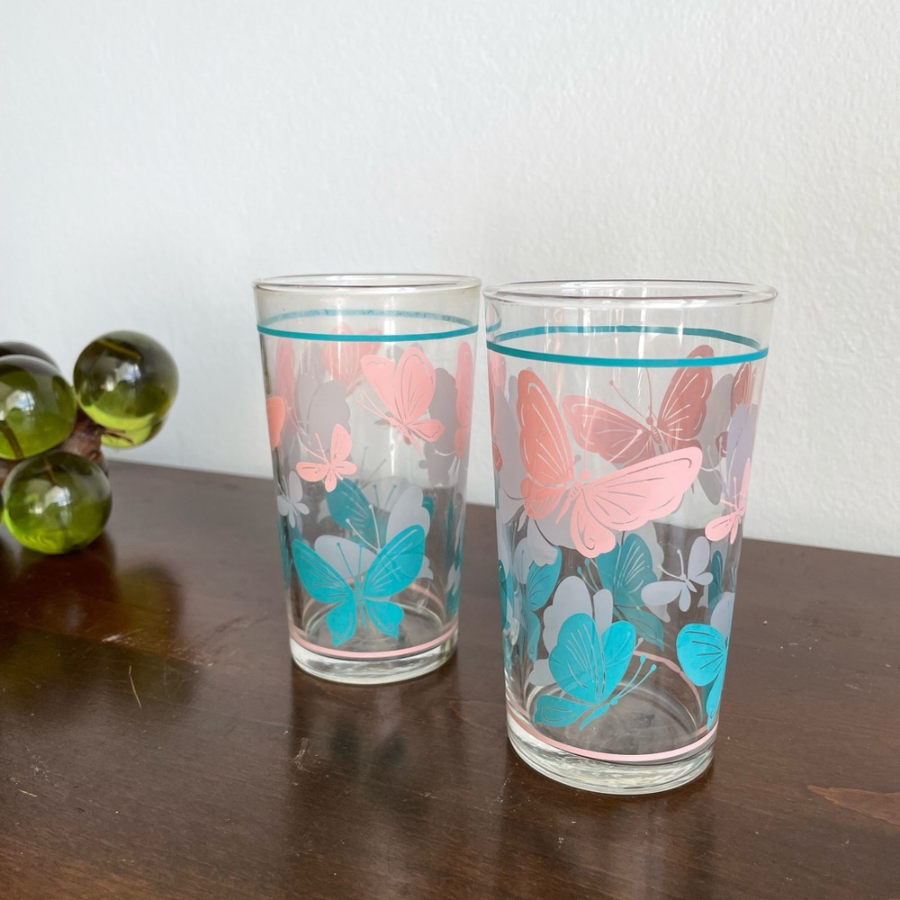 Two Vintage MCM Libbey Butterfly Juice Glasses